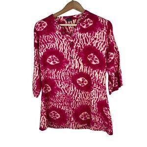 Soch Women's M Hot Pink Cream Batik 3/4 Sleeve Popover Boho Tunic Top